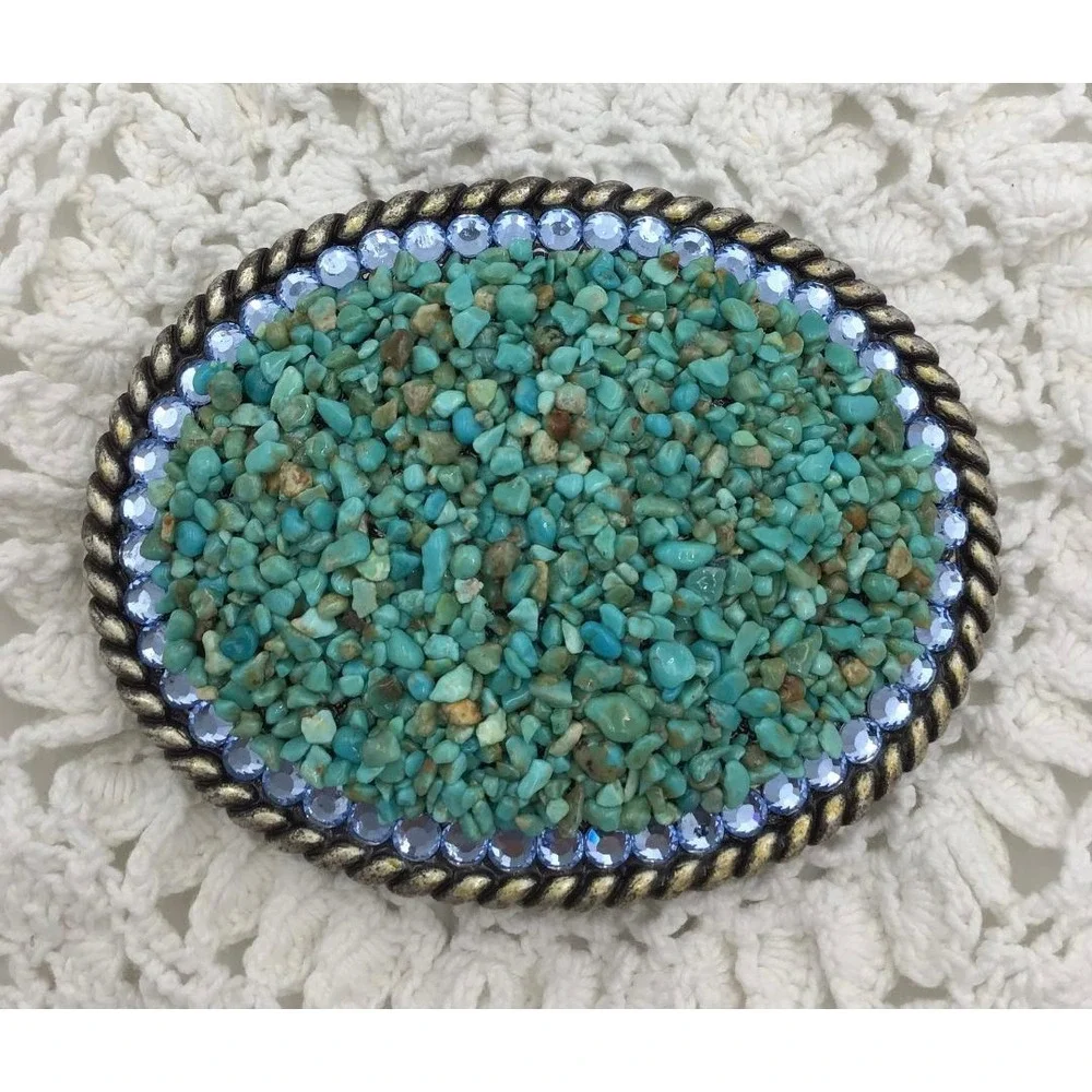 Vintage Turquoise Chip Belt Buckle Blue Rhinestone Rope Edge Western Boho